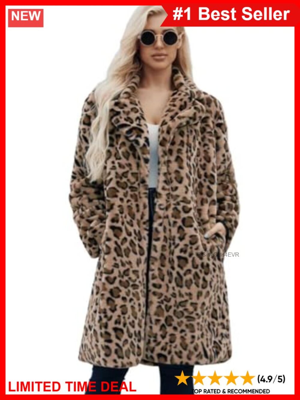 Women's Faux Fur Leopard Coat Long Sleeve Hook Closure Warm Winter Overcoat